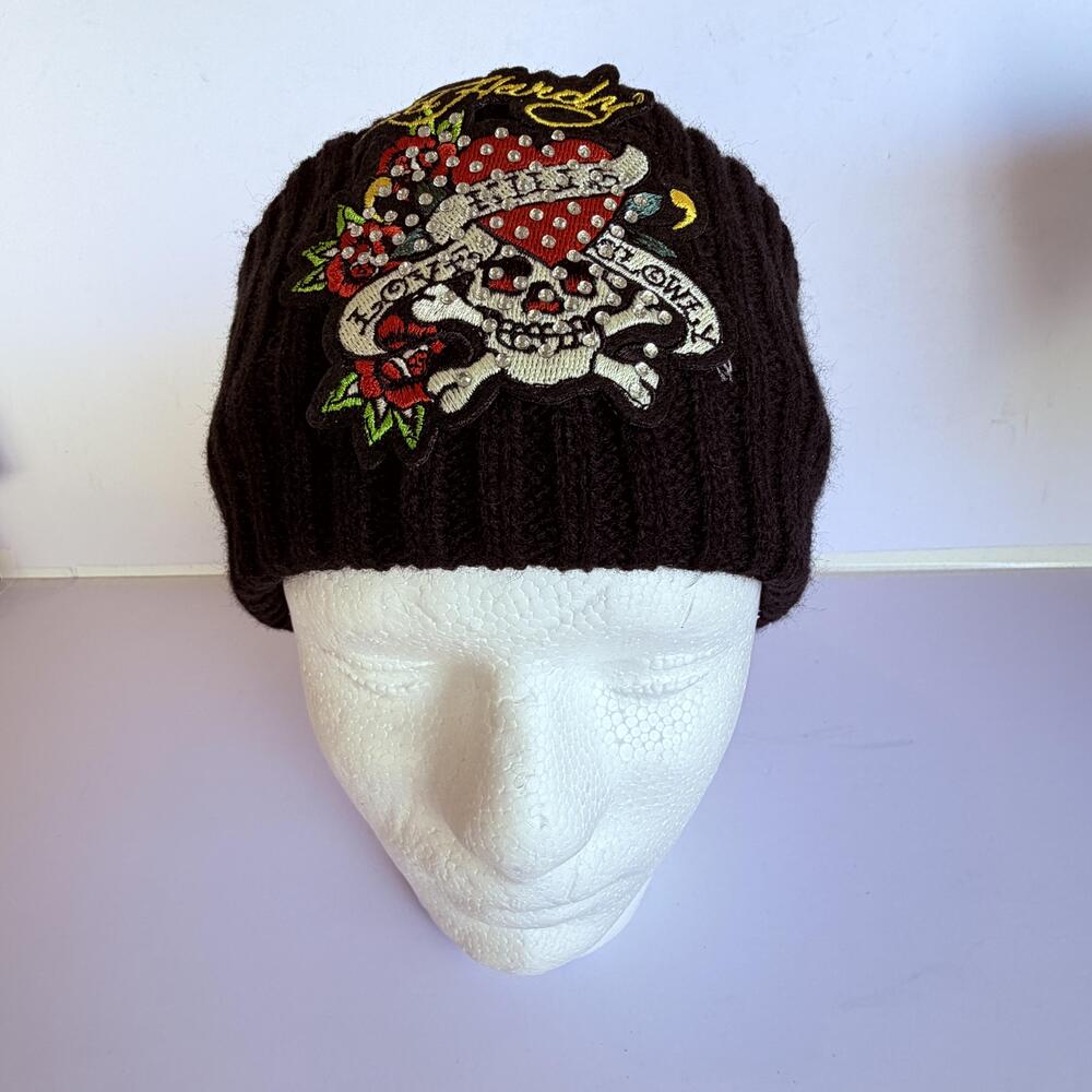 Ed Hardy Headband Womens One Size Black Knit Skull Heart Rhinestone Tattoo